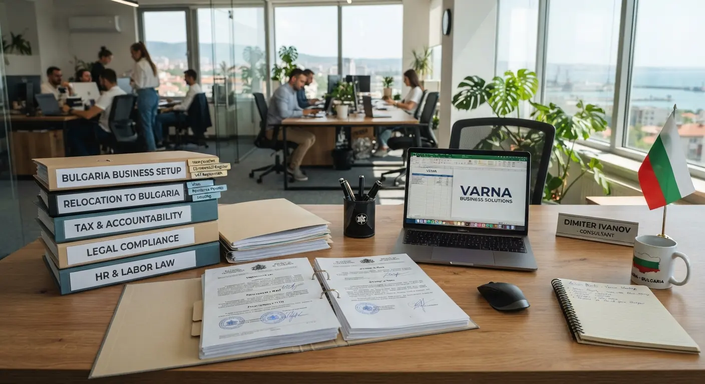 Close-up view of organized administrative documents and professional equipment on a modern office desk.